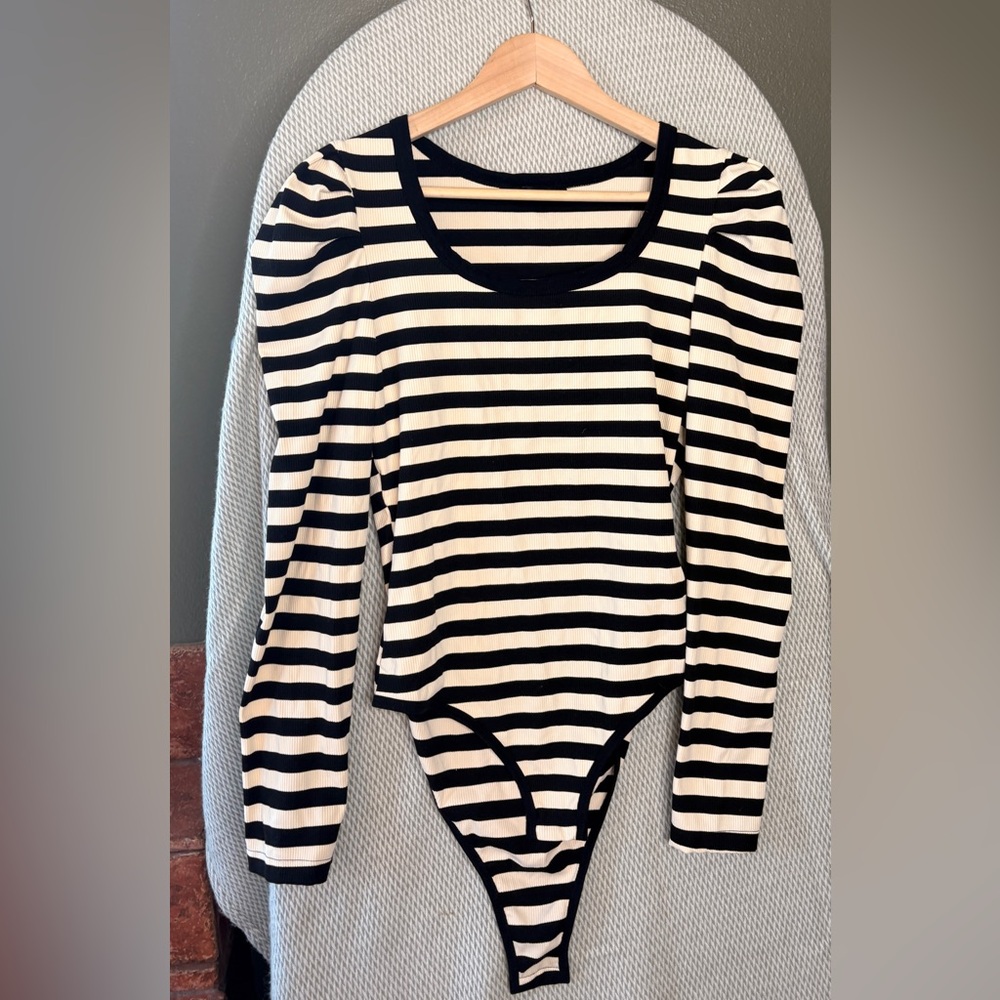 Square Neck Striped Puff Sleeve Bodysuit